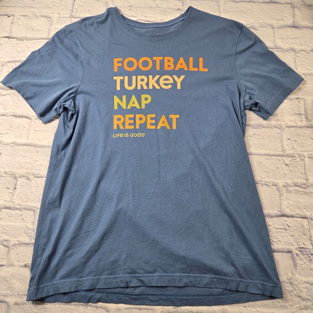 Thanksgiving Turkey Football Nap Life Is Good Blue T-shirt size Medium Men's
